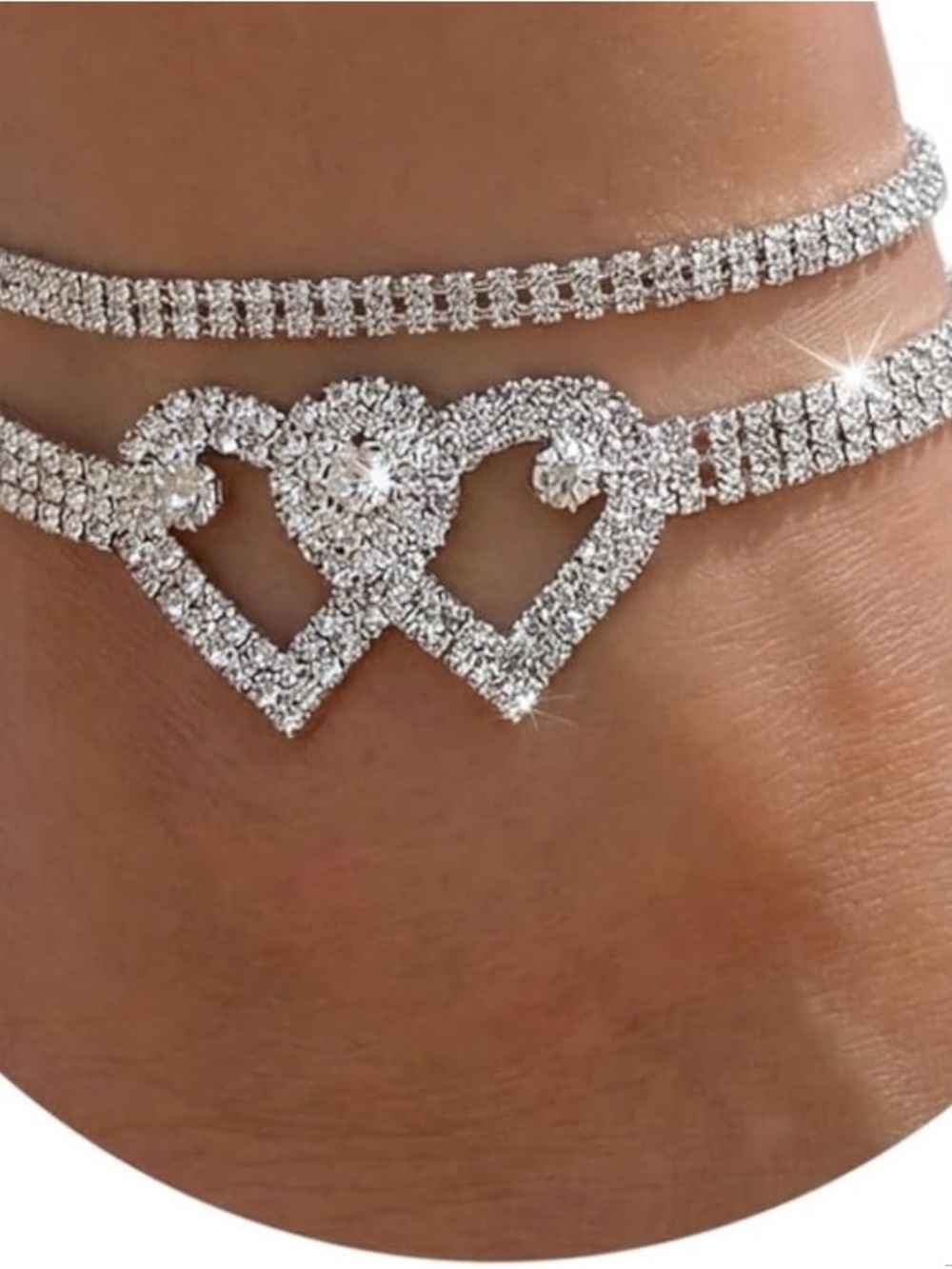 Silver Crystal Double Heart Anklet- Sparkling Rhinestone Anklet. Set of Two